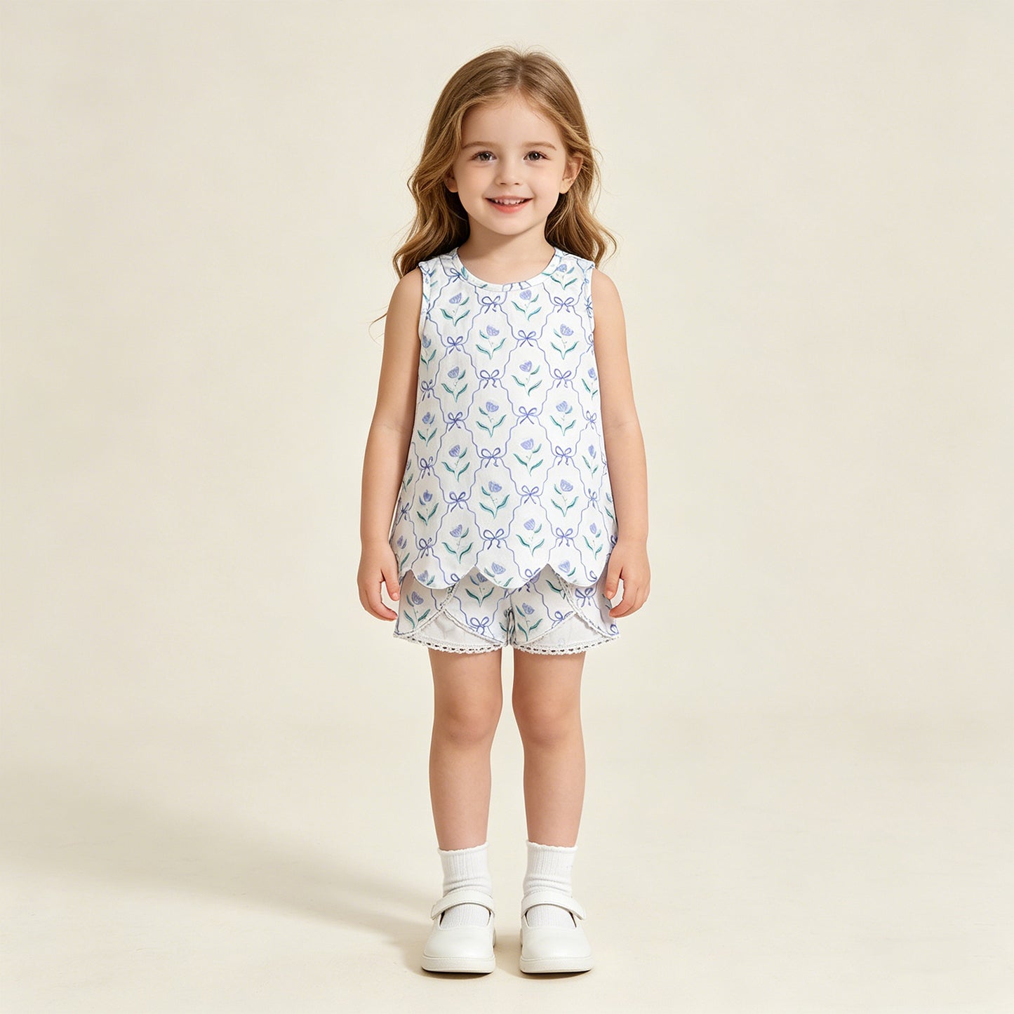 RTS NO MOQ GSSO3426 Baby Girls Blue Bow Floral Checked Scallop Tunic Shorts Set Daily Outfit