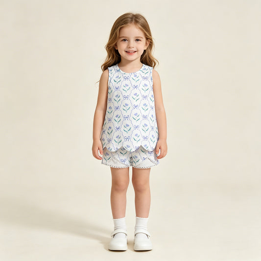 RTS NO MOQ GSSO3426 Baby Girls Blue Bow Floral Checked Scallop Tunic Shorts Set Daily Outfit