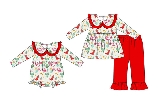 25.5.15 custom each style moq 5eta 4-6week Sibling Sisters boot bow hats baby girl long sleeve pants sets and rompers match family design