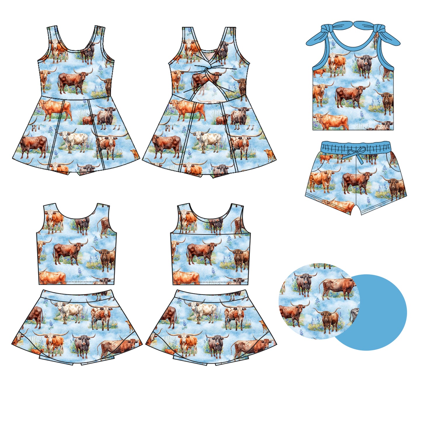 3.13 custom each style moq 5eta 4-6week Sibling Sister cow baby girls clothes Short sleeve shorts sets and yoga dress 1 and dress 2 match family design
