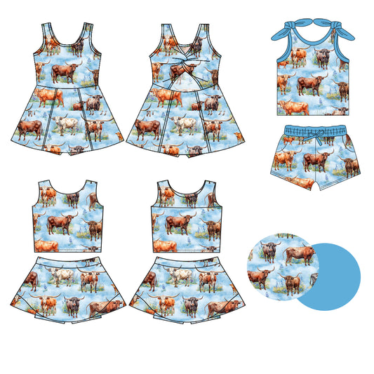 3.13 custom each style moq 5eta 4-6week Sibling Sister cow baby girls clothes Short sleeve shorts sets and yoga dress 1 and dress 2 match family design