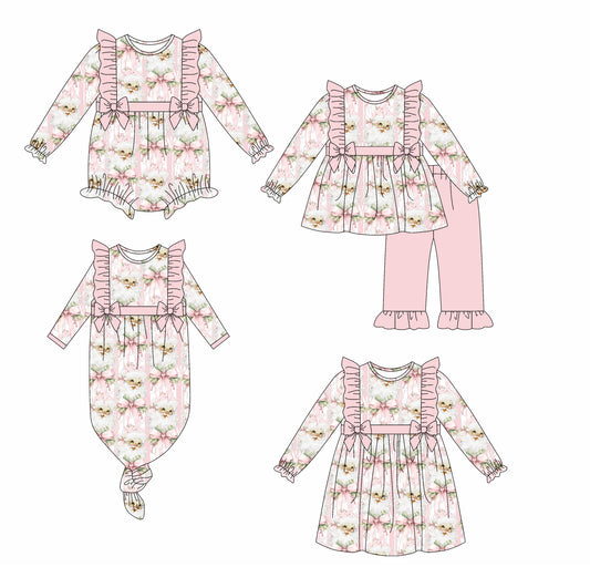25.6.14 custom each style moq 5eta 4-6week Sibling Sisters Christmas bow pink baby girl long sleeve pants sets and dress and rompers and nightgown match family design