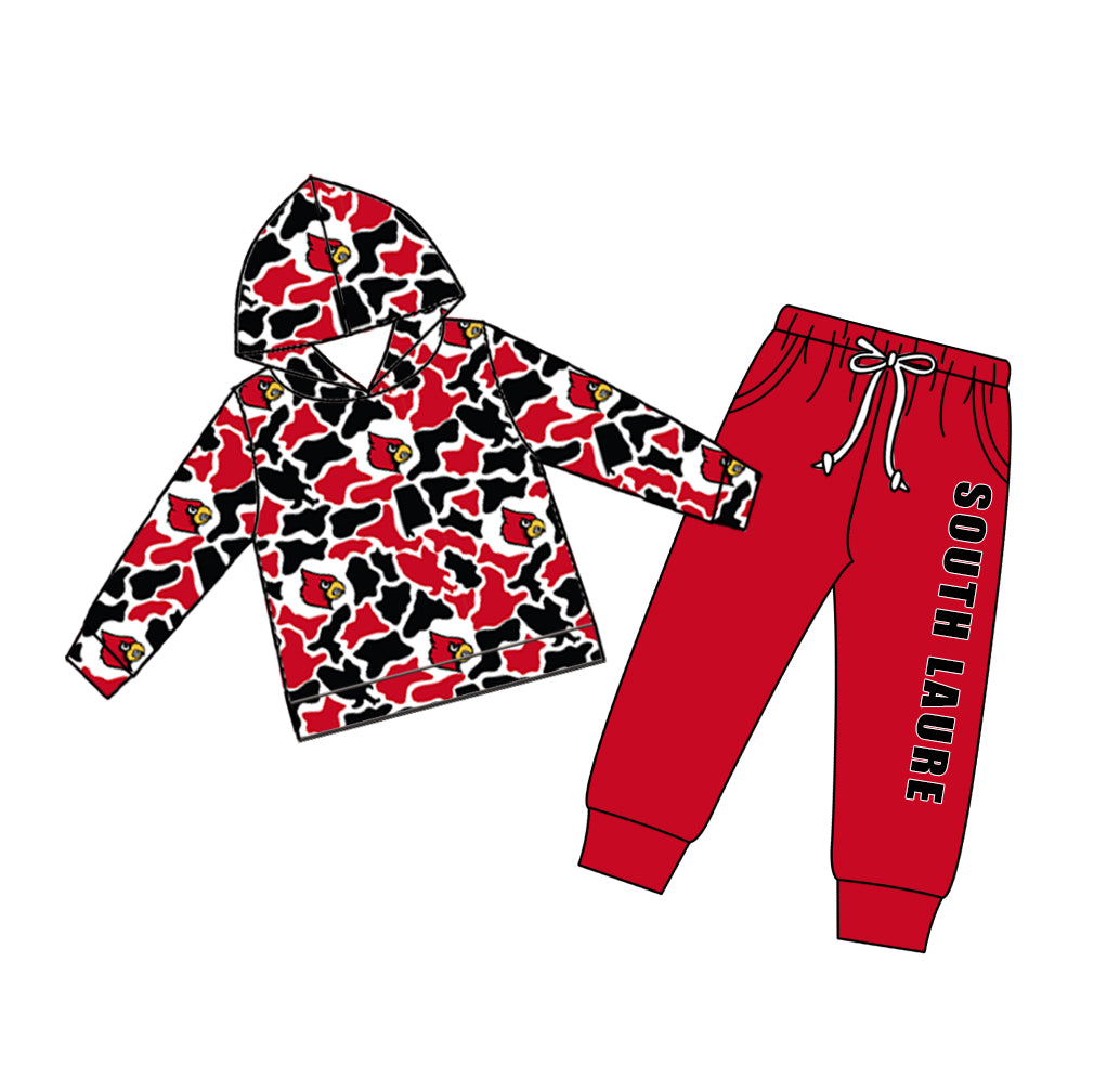 Custom moq 5 mix size teams Baby Boy Casual Camo Hooded Top Drawstring Pants Set with Pockets