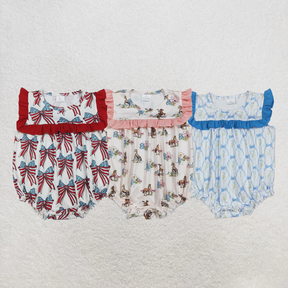 RTS NO MOQ Sibling Baby Girls 4th Of July Bow Ruffle Rompers
