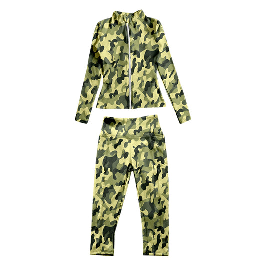 7.3 custom each style moq 5eta 4-6week baby girls clothes camouflage green Yoga Suit Zipper Long Sleeve Pants Set