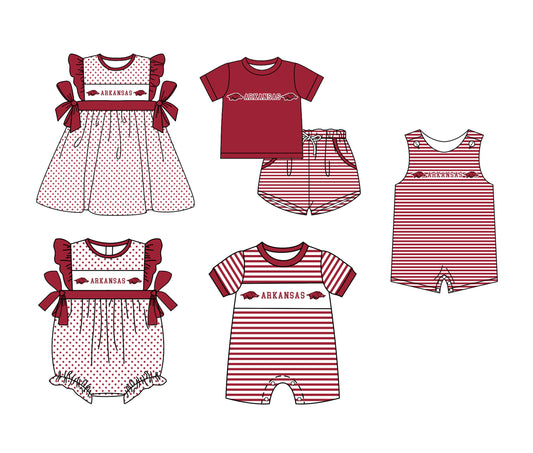 Custom moq 5 mix size milk silk summer teams Boys Short Sleeve Top Striped Shorts Set With Matching Romper Girls Flutter Sleeve Polka Dot Dress Romper