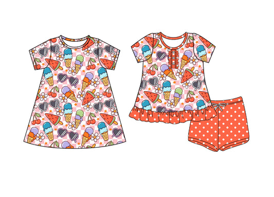 4.9 custom each style moq 5eta 4-6week Sibling Sister ice cream baby girl short sleeve shorts sets and dresses match design