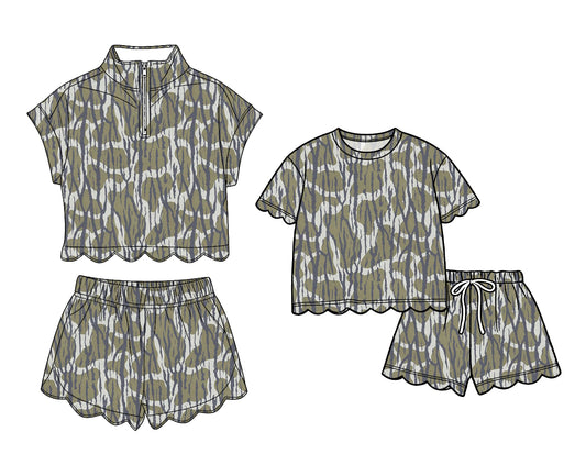 3.13 Custom moq 5 mix size Sibling Baby Girls Camo Scallop Top And Shorts Outfit Set Cute Baby Girl Clothing Set