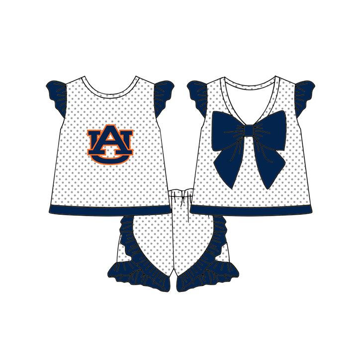Custom moq 5 mix size milk silk summer teams Baby Girls Navy Blue and White Polka Dot Flutter Sleeve Top with Bow Back and Ruffle Shorts Cheerleader Team Clothing Set