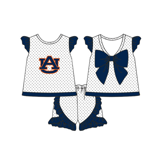 Custom moq 5 mix size milk silk summer teams Baby Girls Navy Blue and White Polka Dot Flutter Sleeve Top with Bow Back and Ruffle Shorts Cheerleader Team Clothing Set
