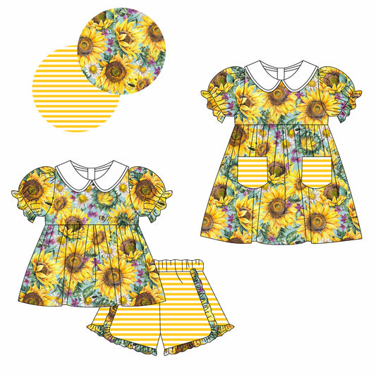 11.16 custom each style moq 5eta 4-6week Sibling Sister sunflower yellow baby girl short sleeve shorts sets and dresses match design