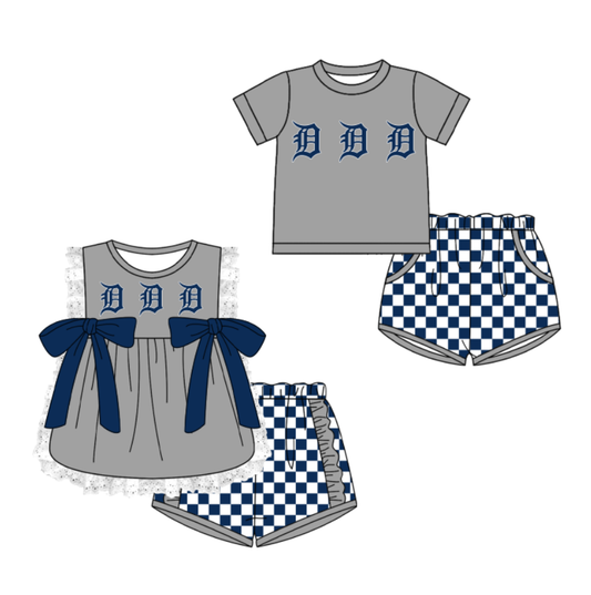 Custom moq 5 mix size milk silk summer teams Grey Girl Sleeveless Top And Plaid Shorts Set with Bow Boy Short Sleeved Top And Plaid Shorts Set