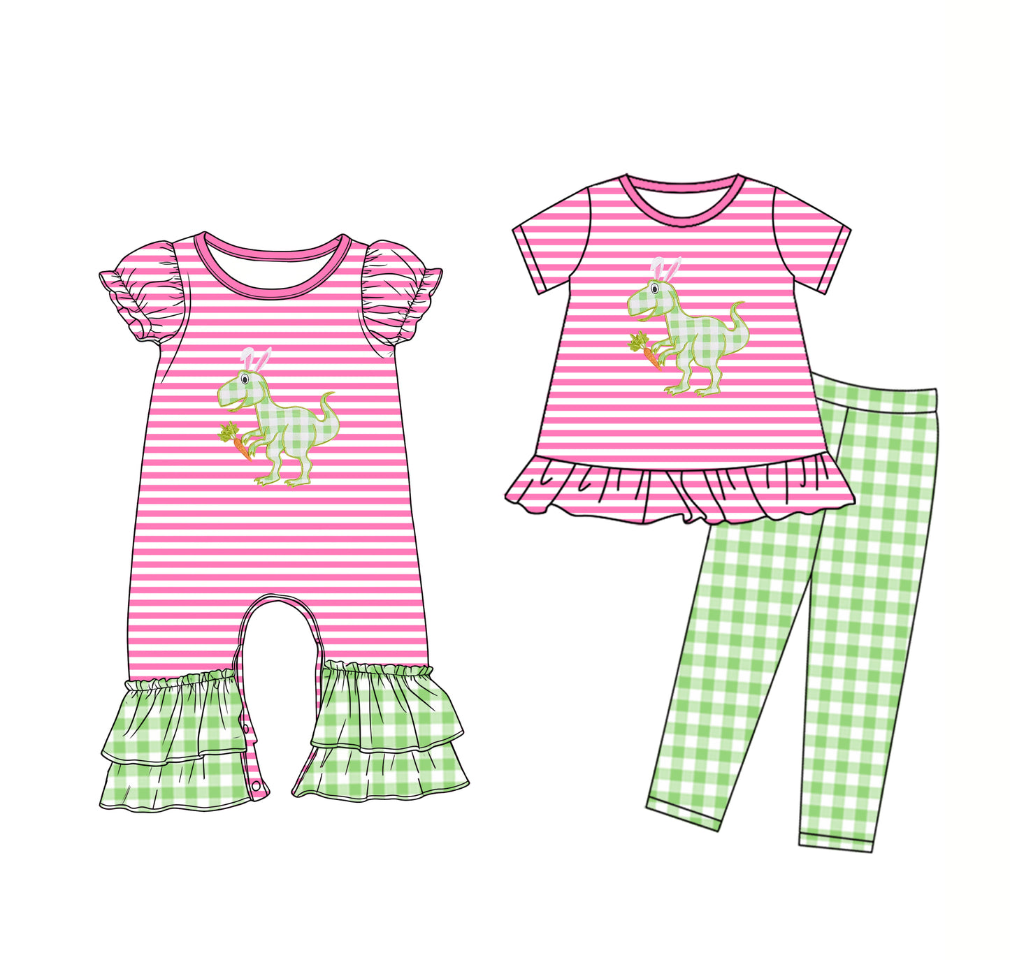25.12.12 custom each style moq 5 eta 6-8week Sibling Sisters easter dinosaur baby girl clothes short sleeve pants sets and romper match family design