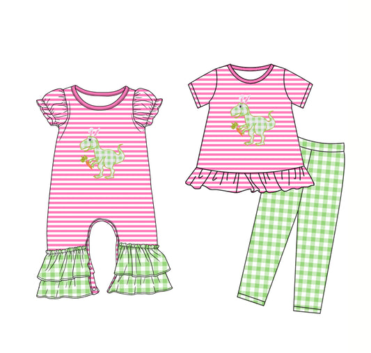 25.12.12 custom each style moq 5 eta 6-8week Sibling Sisters easter dinosaur baby girl clothes short sleeve pants sets and romper match family design
