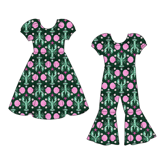 25.12.16 custom each style moq 5 eta 6-8week Sibling Sister lobster baby short sleeve dress and jumpsuit match design