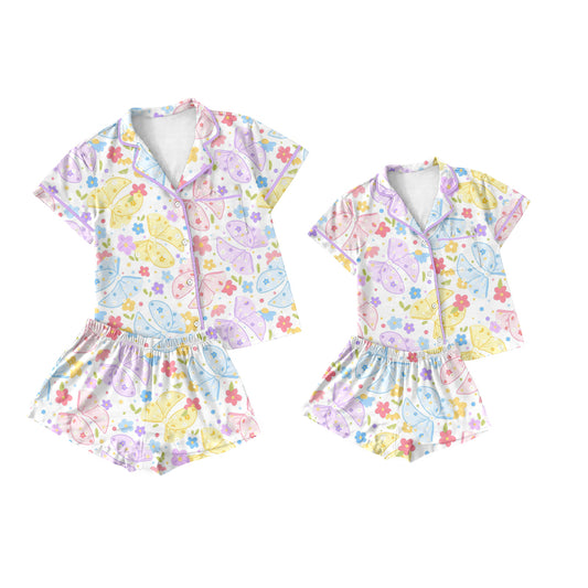 3.21 custom each style moq 5eta 4-6week Sibling Sister bow floral short sleeve shorts sets and adult sets match design
