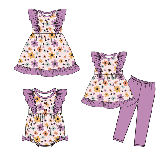 4.30 custom each style moq 5eta 4-6week Sibling Sisters floral baby girl short sleeve pants sets and dress and rompers match family design