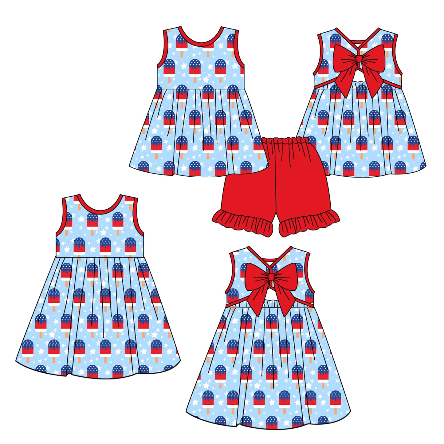 3.23 Custom moq 5 mix size Sibling Baby Girl's Blue 4th of July Sleeveless Top And Shorts Set Cute Dress for Summer