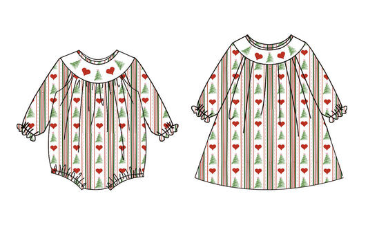 25.7.3 custom each style moq 5eta 4-6week Sibling Sisters Christmas trees baby girl long sleeve dress and rompers match family design