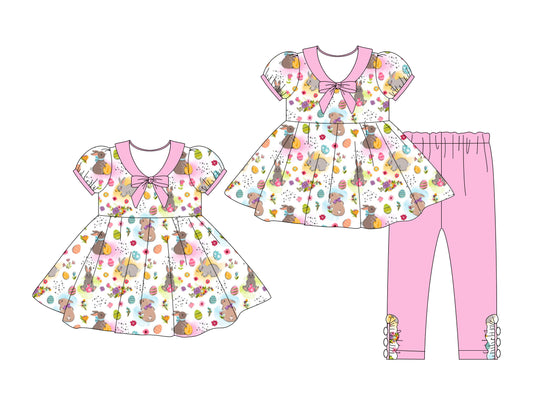 25.10.3 custom each style moq 8 eta 6-8week Sibling Sisters bunny floral baby girl short sleeve pants sets and dress match family design