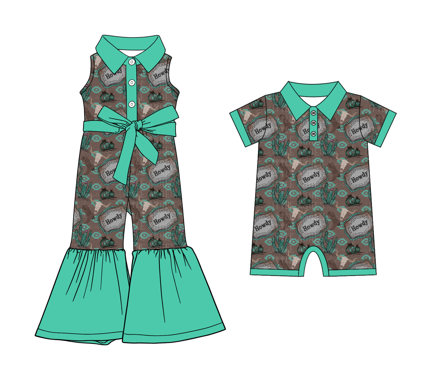 25.12.8 custom each style moq 5 eta 6-8week Sibling Sister HOWDY baby girl short sleeve romper and jumpsuit match design