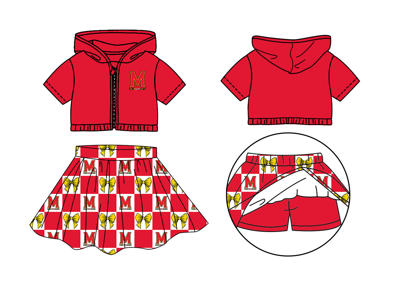Custom moq 3 or 5 mix size milk silk summer teams baby girl clothes bow red zipper hooded short sleeve shorts skirts sets-26.1.21
