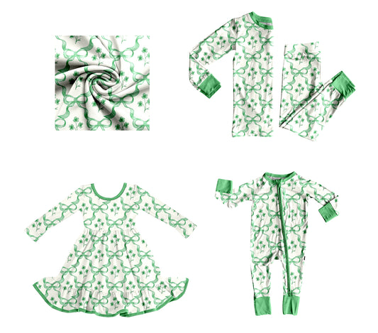 25.9.4 custom each style moq 5eta 4-6week Sibling Sisters bow floral green baby girl long sleeve pants sets and dress and rompers match family design