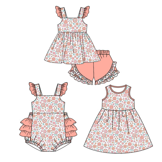 4.3 custom each style moq 5eta 4-6week Sibling Sisters floral baby girl short sleeve shorts sets and dress and rompers match family design