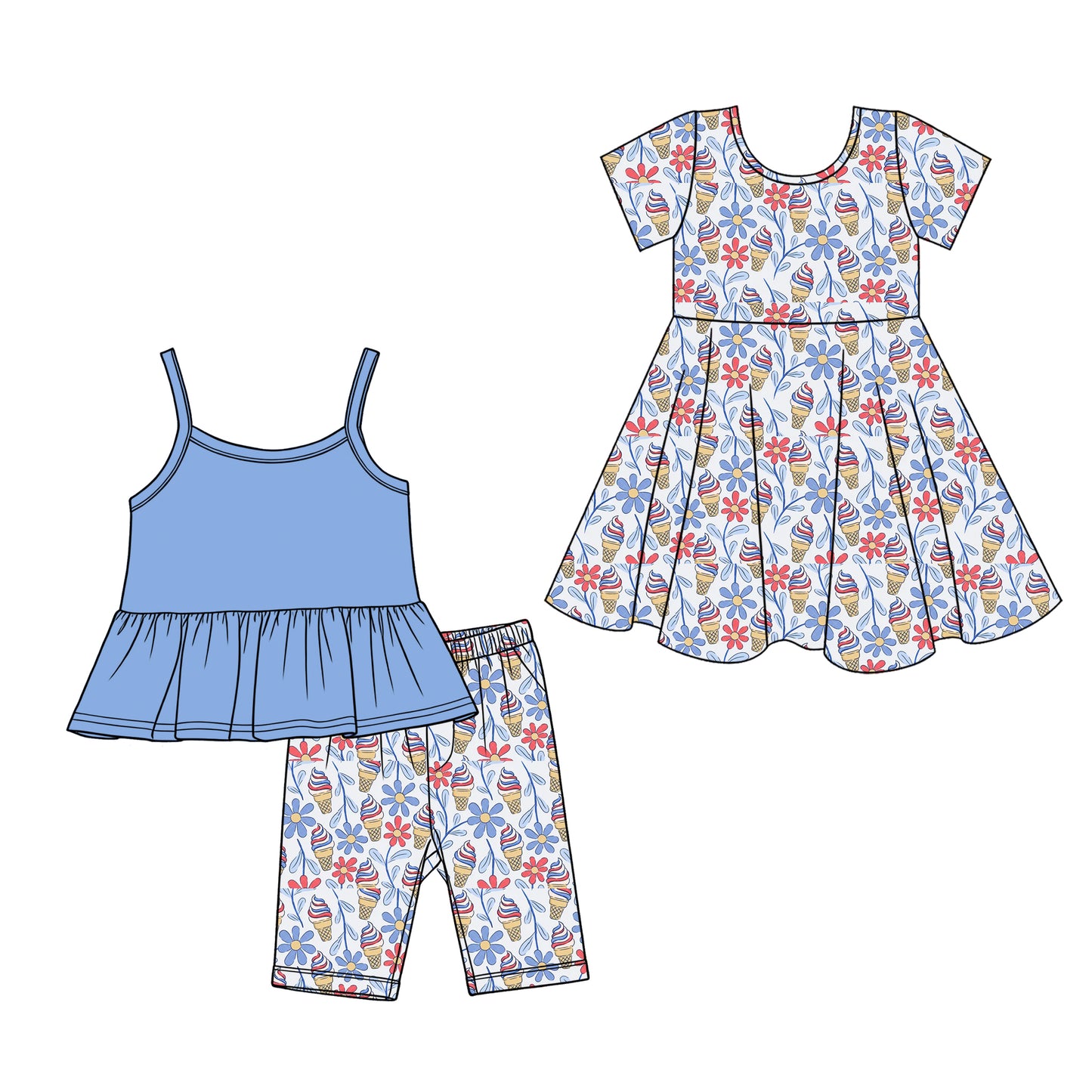 Custom moq 5 mix size Sibling Baby Girl's Blue sleeveless Top And Shorts Set Cute Dress for Summer