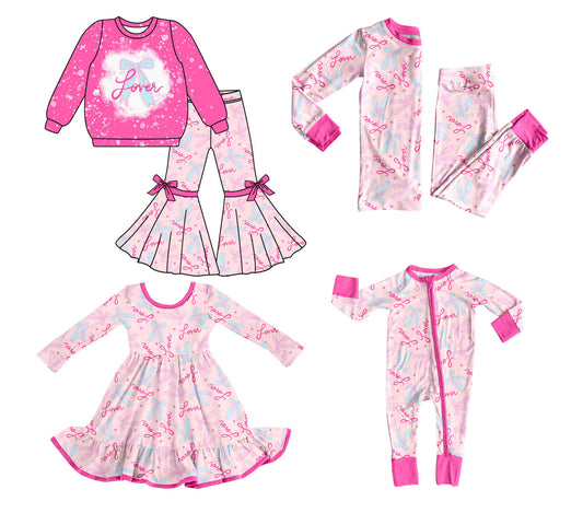 25.9.12 custom each style moq 5eta 6-8week Sibling Sisters love bow baby girl long sleeve pants sets 2 and dress and rompers match family design