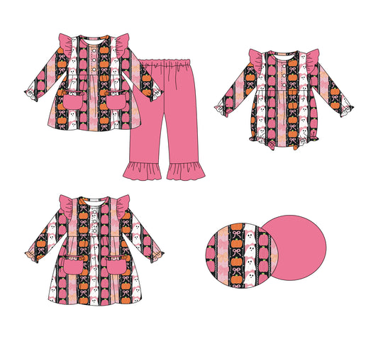 25.7.29 custom each style moq 5eta 4-6week Sibling Sisters pumpkin baby girl long sleeve pants sets and dress and rompers match family design