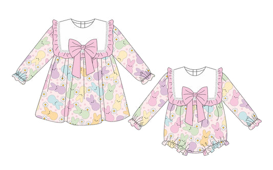 25.10.2 custom each style moq 8 eta 6-8week Sibling Sisters bunny baby girl long sleeve dress and rompers match family design