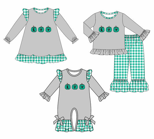 25.7.17 custom each style moq 5eta 4-6week Sibling Sisters pumpkin baby girl long sleeve pants sets and dress and rompers match family design