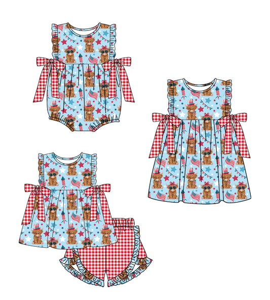 Custom moq 5 mix size Sibling Baby Girl's 4th of July blue Short-Sleeved Top And Shorts Set Cute Romper Dress for Spring Summer