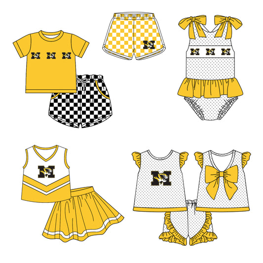 Custom moq 5 mix size milk silk summer teams Boy's Short Sleeved Yellow Top Plaid Shorts Set Girl's Short-Sleeved Set with Matching Swimsuits Adult Shorts