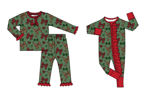 25.8.30 custom each style moq 5eta 4-6week Sibling Sisters Bow green baby girl clothes long sleeve pants sets and romper match family design