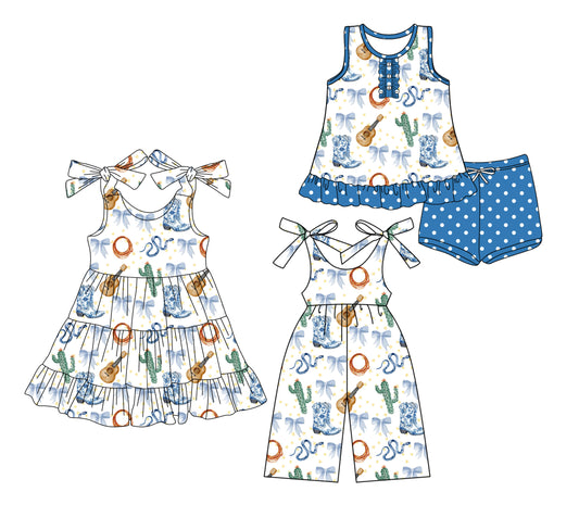 3.24 custom each style moq 5eta 4-6week Sibling Sister boot guitar baby girl short sleeve shorts sets and dresses and jumpsuit match design