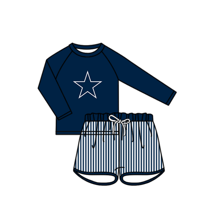 Custom moq 5 mix size milk silk summer teams baby girl boys clothes Navy Blue Two-Piece Swimsuit Set One Piece Swimsuits boy swim trunks