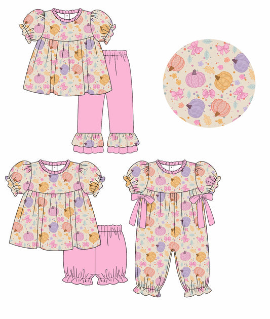 4.15  Custom moq 5 mix size Sibling Baby Girls Pumpkin Short-Sleeved Top Pants Set Matching Short Sleeve Romper