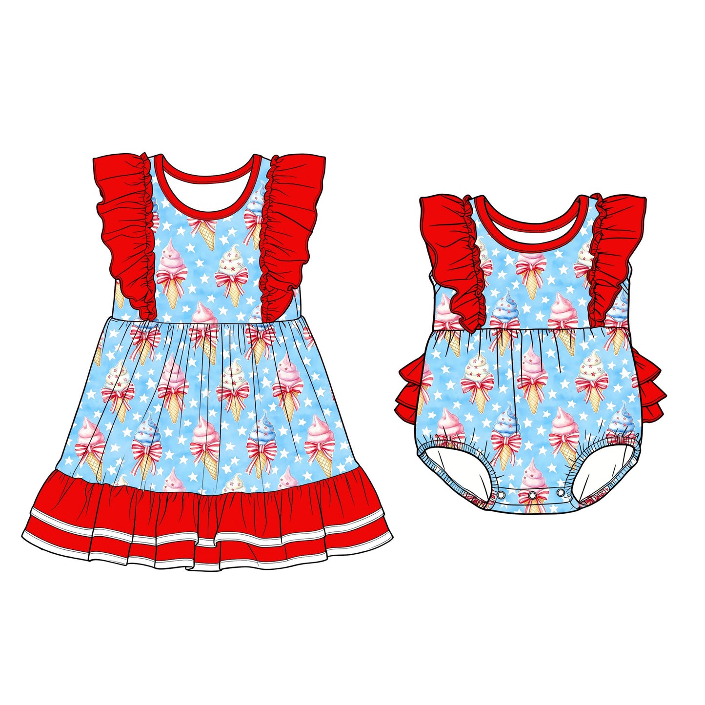 26.1.23 custom each style moq 5 eta 6-8week Sibling Sister ice cream bow baby short sleeve romper and dress match design