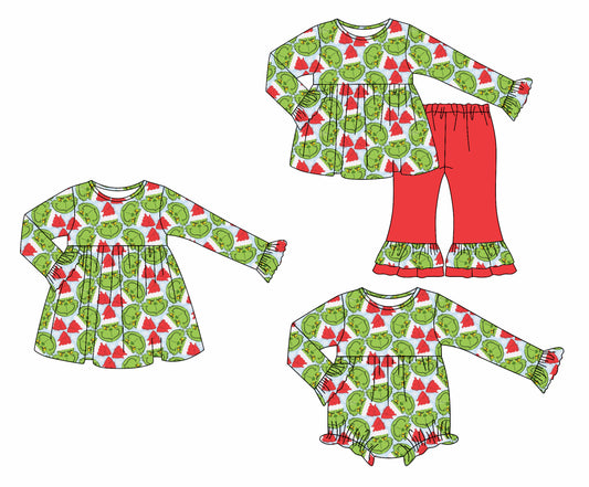 25.8.5 custom each style moq 5eta 4-6week Sibling Sisters Christmas green baby girl long sleeve pants sets and dress and rompers match family design