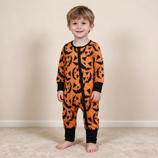 NEW RTS NO MOQ milk silk LR3243 Baby Boys Ghost Pumpkins Long Sleeve Halloween Casual Two Way Zip Convertible Romper