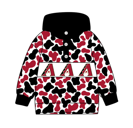 2-Custom moq 8 mix size milk silk summer team baby boy clothes camouflage brick red and black hooded long sleeve top-25.10.9