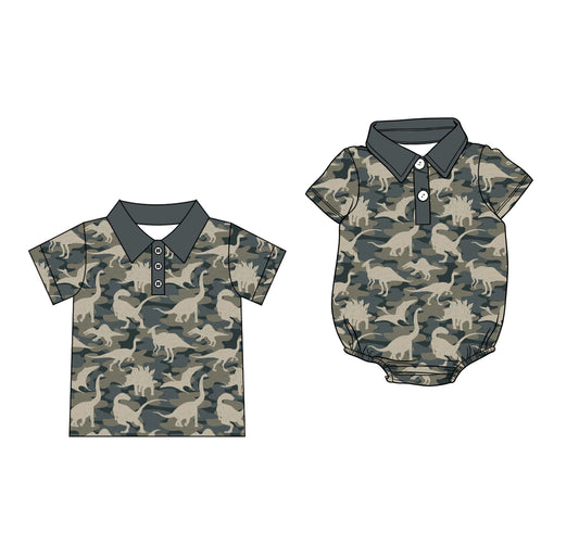 Custom moq 5 mix size Sibling Baby Boys Green Camouflage Short-Sleeved Polo Shirt Romper Comfortable Breathable Clothing