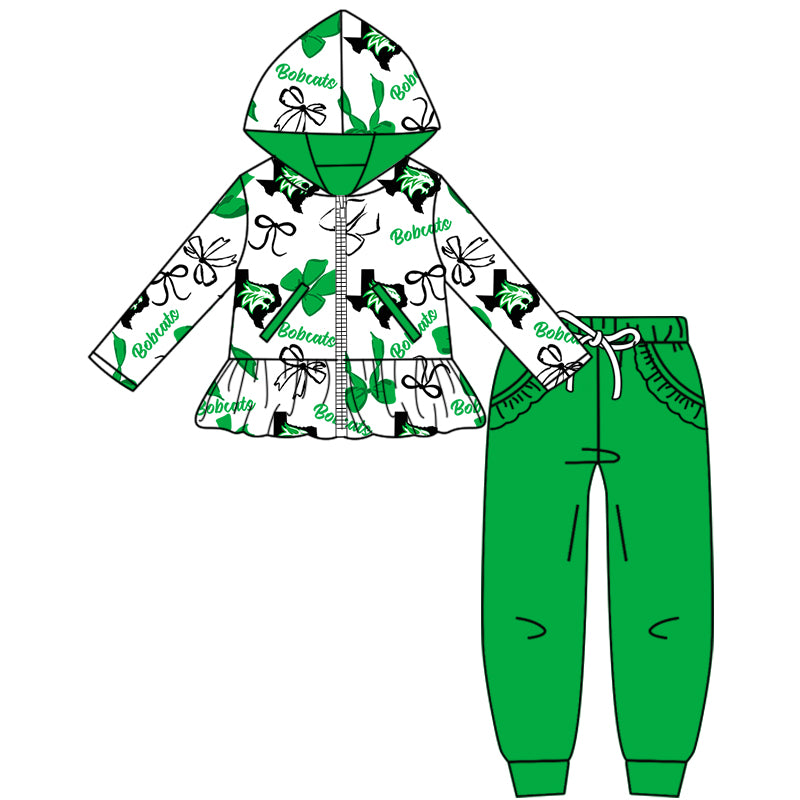 Custom moq 5 mix size milk silk summer teams baby girls clothes bow green hooded long sleeve pants sets and dress and top and hooded top and pant-25.8.12