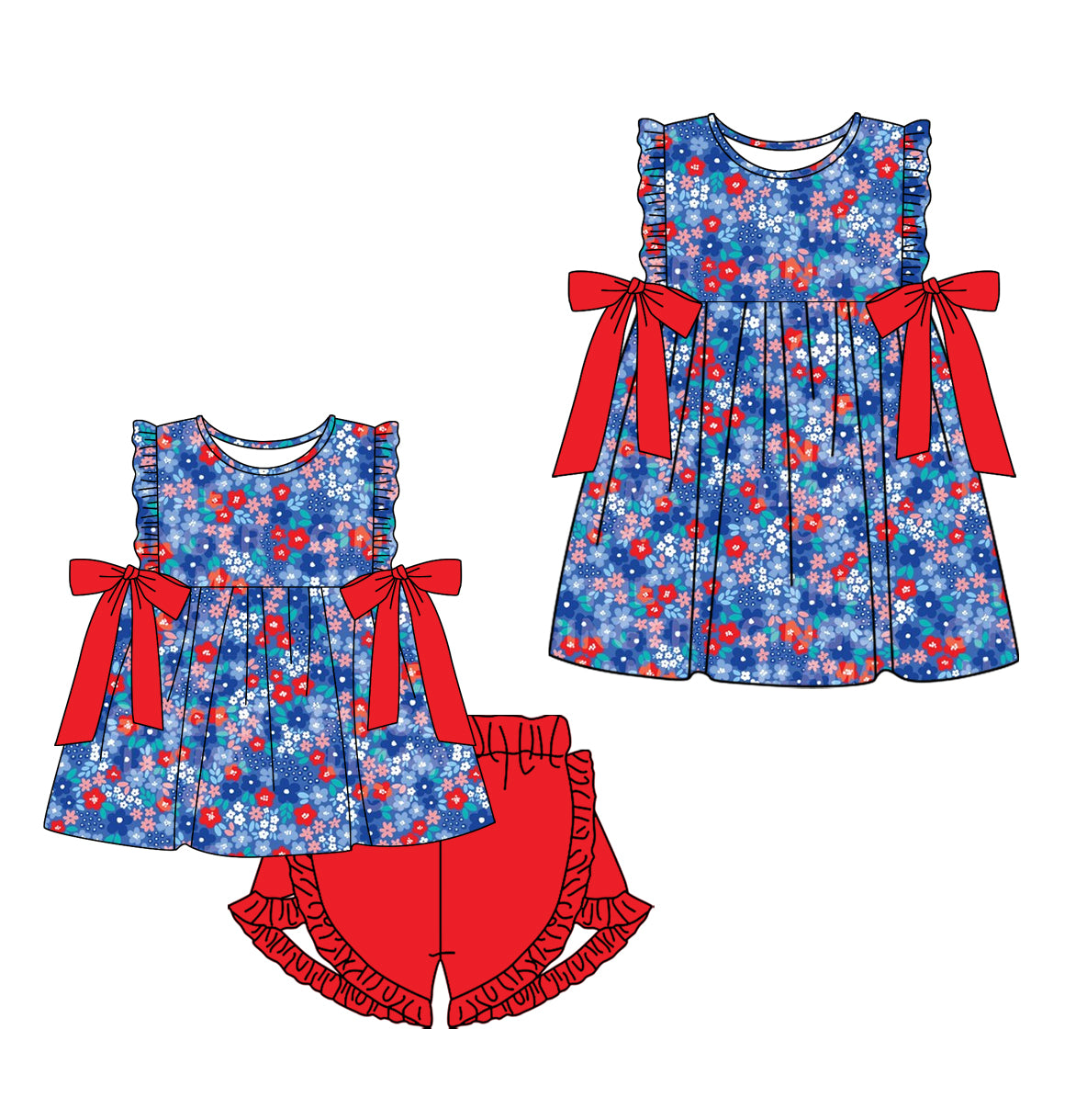 Custom moq 5 mix size Sibling Blue Baby Girls' Sleeveless Top And Shorts Set with Bow Cute  Dress for Little Girls