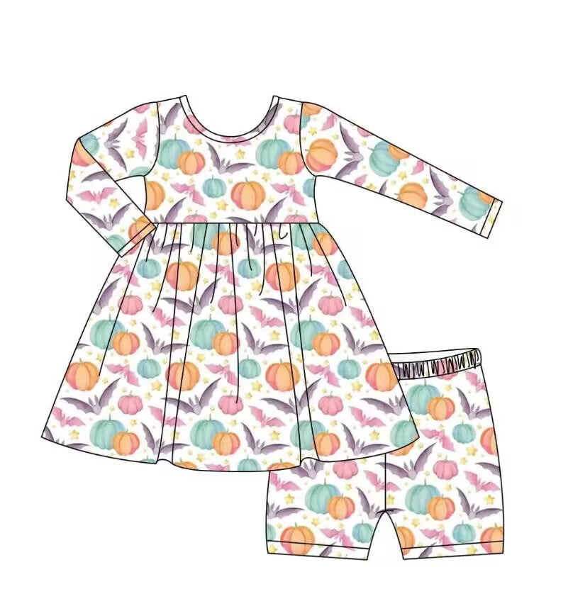 5.9custom each style moq 5eta 4-5week Sibling Sister Halloween pumpkin bat prints pink girls and boys outfits and baby rompers match family design