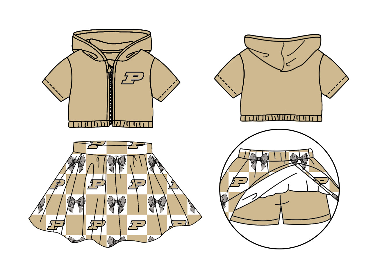 Custom moq 3 or 5 mix size milk silk summer teams baby girl clothes bow khaki zipper hooded short sleeve shorts skirts sets-26.1.23