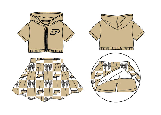 Custom moq 3 or 5 mix size milk silk summer teams baby girl clothes bow khaki zipper hooded short sleeve shorts skirts sets-26.1.23