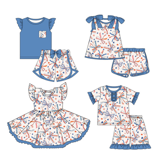3.12 custom each style moq 5eta 4-6week Sibling Sister bow baby girls short sleeve set and set 2 and sets 3 and dress match design